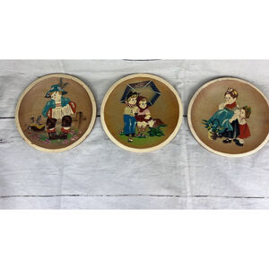 Vintage Dutch Wooden Wall Plates Hand Carved & Painted Children Painted Folk Art